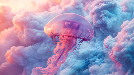 Obraz premium Jellyfish floating gracefully among colorful pastel clouds in a dreamy sky.