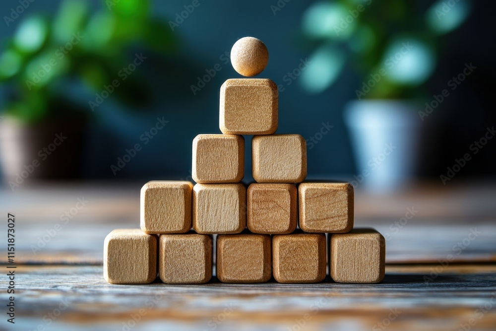 Poster wooden blocks arrangement with single sphere at top creating a pyramid structure in natural light