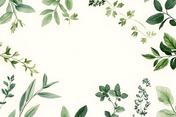 A decorative border featuring various green leaves and herbs against a light background.