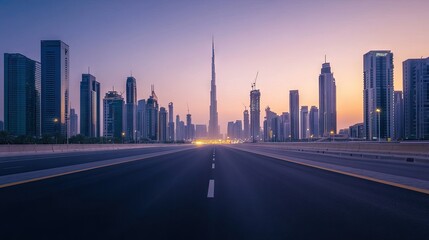 Fototapeta premium A freshly paved urban road at dawn, with skyscrapers on either side and a sky transitioning from dark blue to soft pink