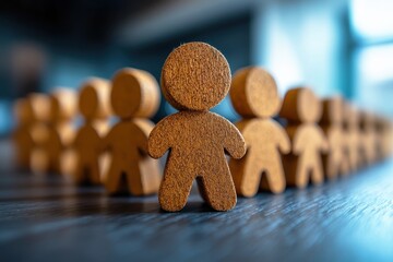 Wooden figurines lined up on a table with one figure in focus representing teamwork, collaboration, and community engagement in a modern workspace setting