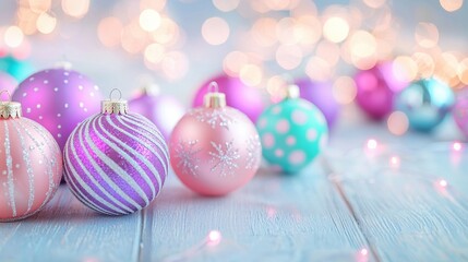 Obraz premium Pastel Pink Purple Christmas Ornaments Festive Background