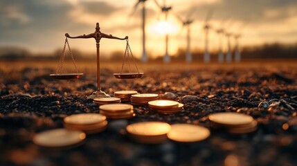 A golden scale balances against a backdrop of wind turbines at sunset, surrounded by scattered coins, highlighting the intersection of justice and sustainability in finance.