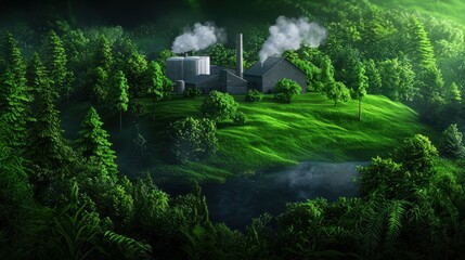 Lush Green Forest with Industrial Factory Sustainable Energy Eco Friendly Landscape