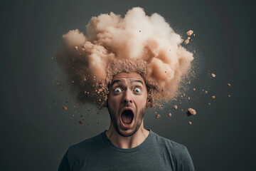 Überraschungseffekt: Mann mit explodierendem Kopf, künstlerisch und symbolisch

