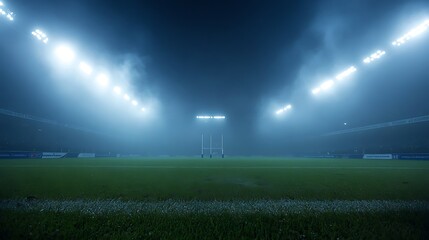 A foggy rugby stadium at night, with floodlights creating a mysterious and intense atmosphere