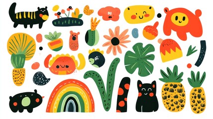 Fototapeta premium Joyful Collection of Cute Hand-Drawn Illustrations: Animals, Plants, and Rainbow