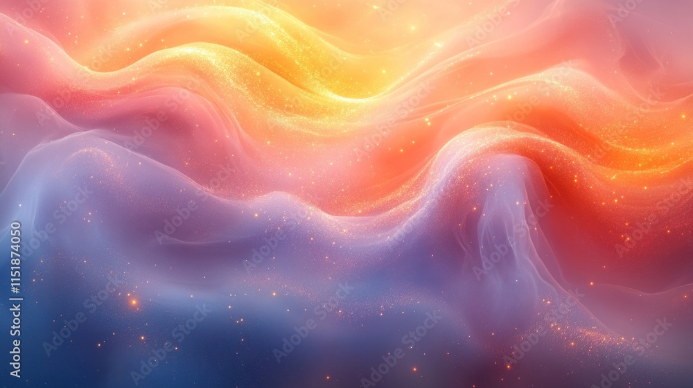 Poster abstract colorful wavy background with glowing particles.