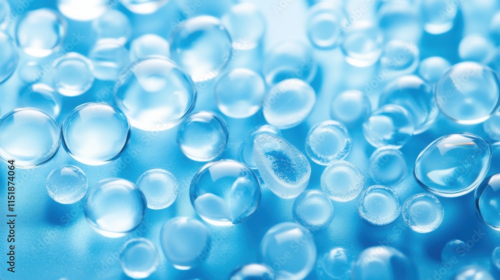 Poster droplets of water creating a mesmerizing pattern on a smooth blue surface, capturing light beautiful