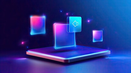 Neon glowing squares float above platform base