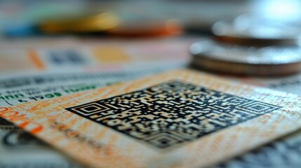 Close up QR Code on Ticket Payment Scan Mobile Finance Transaction Code Digital Technology Online