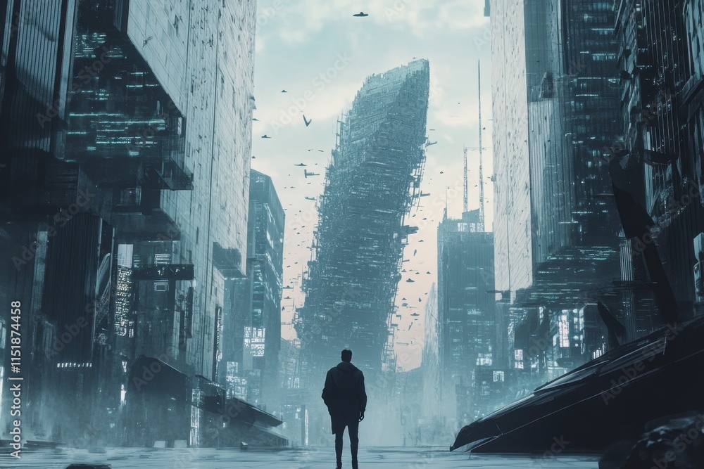Poster person stands in a futuristic city with towering structures and flying objects above