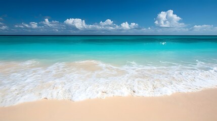 A serene beach scene with turquoise waters and soft waves lapping against the sandy shore.