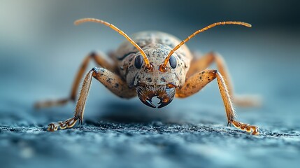 Fototapeta premium Close-up of a speckled brown beetle facing the camera on a dark surface.
