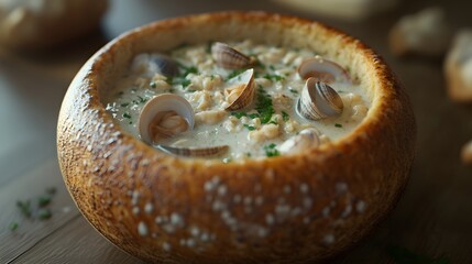 Fototapeta premium Creamy Clam Chowder Served in a Rustic Bread Bowl