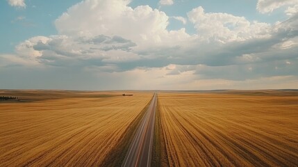 A highway cutting through golden wheat fields under a dramatic sky filled with fluffy white clouds