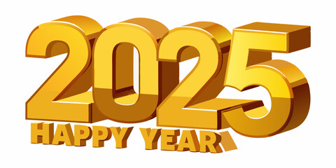 Happy New Year 2025 Golden 3D Numbers on White Background - Free Vector and PNG Design.