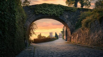A historic stone bridge over a cobblestone road, with ivy-covered walls and a pastel evening sky in the distance