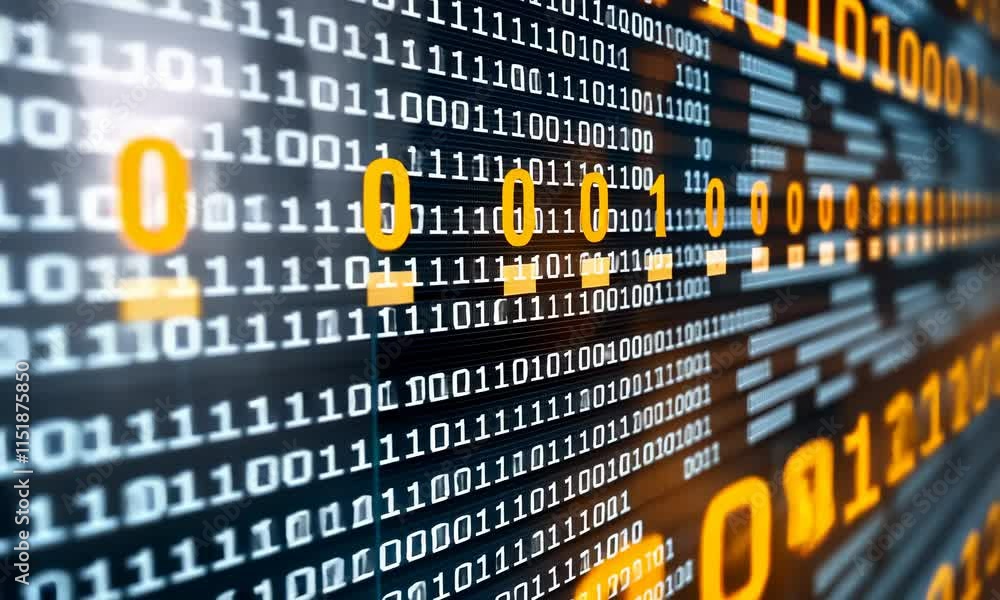 Poster close-up of binary code on digital screen