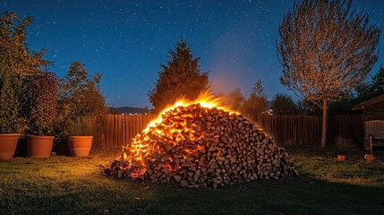 A large outdoor firewood pile ablaze, with vibrant orange and yellow flames under a starry night.