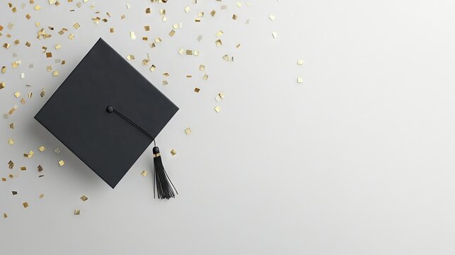 Elevated graduation invitation mockup featuring a classic academic cap on a light, minimalistic background surrounded by festive confetti for memorable celebration announcements