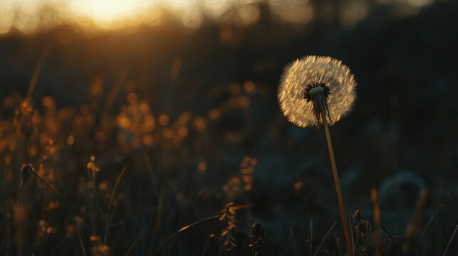 A lone dandelion in a meadow, with its seeds scattered into the warm glow of dusk.