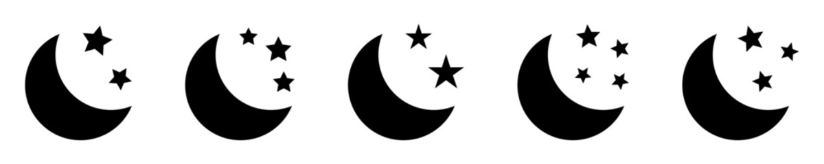 Crescent moon with stars icon on white background. Night icon. Crescent moon icon. Minimalist style.