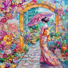 Woman in Kimono Walks Through Colorful Floral Archway
