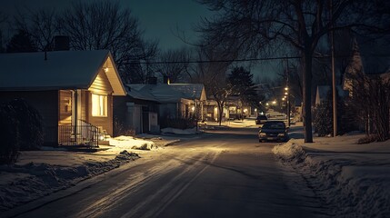 A serene nighttime scene of a suburban street, with glowing windows and shadows playing across the pavement