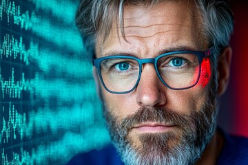 A stock market trader examining a screen filled with live graphs, showing rising and falling trends with glowing details