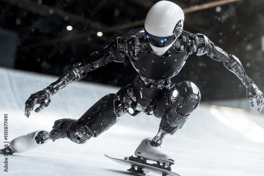 Poster robot skater performing an impressive maneuver on an ice rink in a futuristic setting