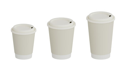 Paper coffee cup. Volume 250, 350, 450 ml. Mockup. Blank. Transparent background. 3d illustration.
