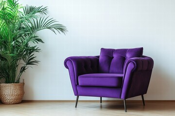 Purple Velvet Armchair in Modern Interior with Palm Plant