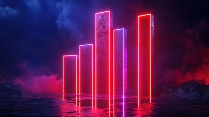 Naklejka premium Neon Glow Abstract Red Pink Glowing Bars in Dark Landscape