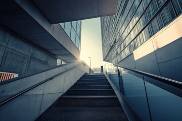 Fototapeta premium Modern architecture features stairs leading to sunlight in an urban setting