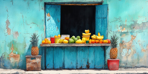 Havana art style, A vibrant fruit stand with colorful produce displayed on a blue wooden counter, flanked by pineapples, set against a weathered, turquoise wall.