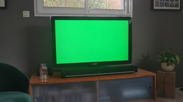 flat-screen television displaying a vibrant green screen, acting as the focal point in a minimalist living room setup, contrasting with its muted surroundings.