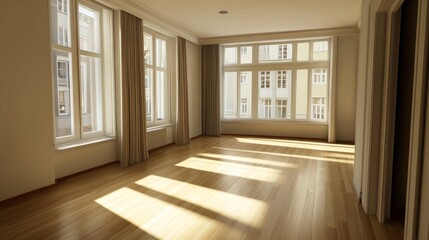 Sunlit Empty Room with Large Windows and Hardwood Floor