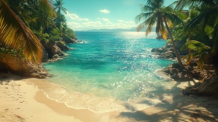 Secluded tropical beach cove with crystal-clear turquoise water, white sand, palm trees, and rocky shores under a sunny sky.