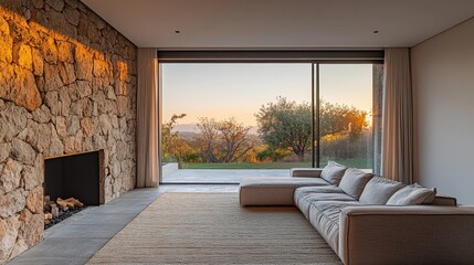 Modern Living Room with Stone Fireplace and Sunset View