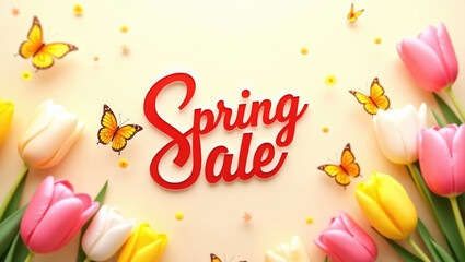 Colorful banner with tulips, butterflies and “Spring Sale” lettering in red.Advertising background for social media posts, website banners or marketing materials