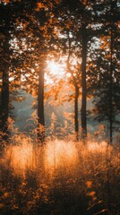 Golden Sunlight Illuminates Autumnal Forest Meadow