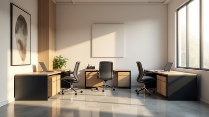 A contemporary office with stylish desks, ergonomic chairs, and clean lines, creating an efficient and professional atmosphere