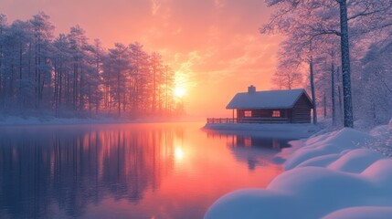 Winter sunset reflection over calm lake cozy cabin serene nature landscape tranquil evening viewpoint