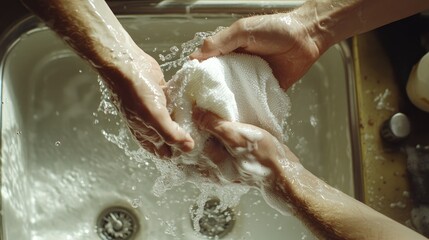 Fototapeta premium A pair of hands twisting and wringing a wet kitchen towel, with water spilling into a clean sink