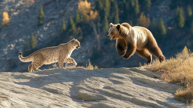 Cougar and Grizzly Bear Encounter Mountainous Terrain