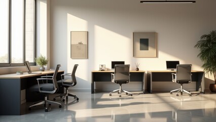 A contemporary office with stylish desks, ergonomic chairs, and clean lines, creating an efficient and professional atmosphere