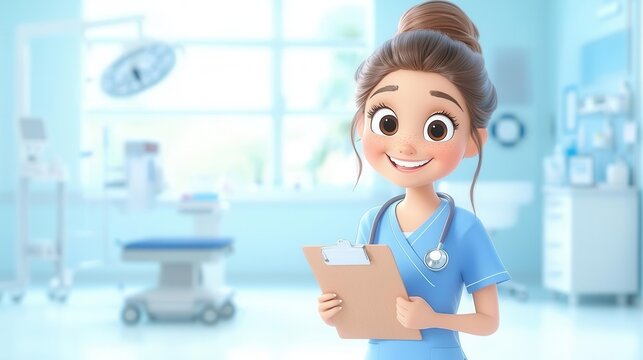 A 4K cartoonish animated clipart of a happy nurse holding a clipboard, in a softly lit clinic, white background, copy space for text
