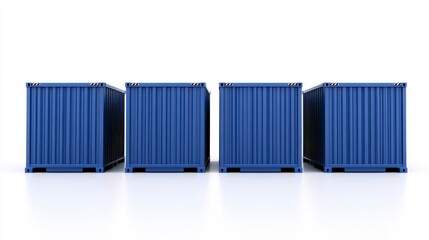 Obraz premium Four blue shipping containers arranged in a row, showcasing a clean and industrial design against a minimalistic white background.