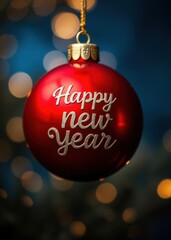 Red Christmas ornament, "Happy New Year" text, bokeh lights background, festive atmosphere, close-up photography, shiny bauble, golden ornament cap, holiday decoration, soft focus, warm glow, celebrat
